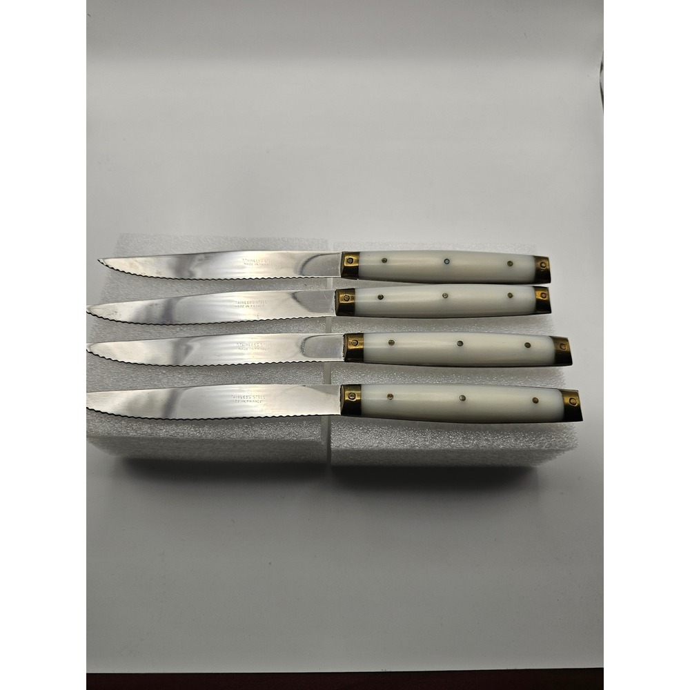 Vintage French Steak Knives Set of 4 Stainless Steel Cream Faux Bone Handles